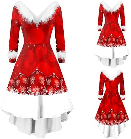 Bayan Noel Elbise Patchwork sonbahar elbiseler kadınlar için Uzun Kollu V Yaka Noel Zarif Asimetrik Parti Elbise