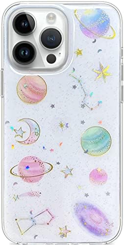Abbery iPhone 14 Pro Kılıf için Tasarlandı Ay ve Yıldızlar Glitter Sparkle Şeffaf Sevimli Şeffaf Tasarımlı Yumuşak