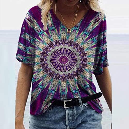 Kadın Yaz Kısa Kollu Tişörtleri V Boyun Renkli Çiçek Baskılı Tunik Tees Moda Rahat Gevşek Artı Boyutu Bluz Tops