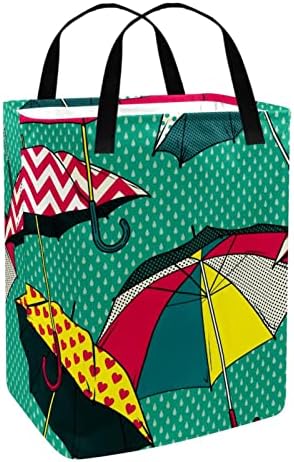 Renkli Şemsiye Yağmur Yeşil Arka Plan Baskı Katlanabilir Çamaşır Sepeti, 60L Su Geçirmez çamaşır sepetleri Çamaşır