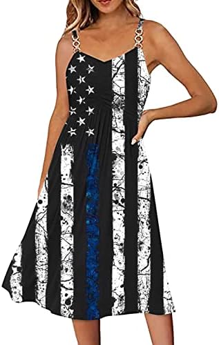 MIASHUI Wrap yaz elbisesi Bağımsızlık Günü yaz elbisesi es Kadınlar için Baskı Kolsuz V Boyun Uzun rahat elbise Kadınlar