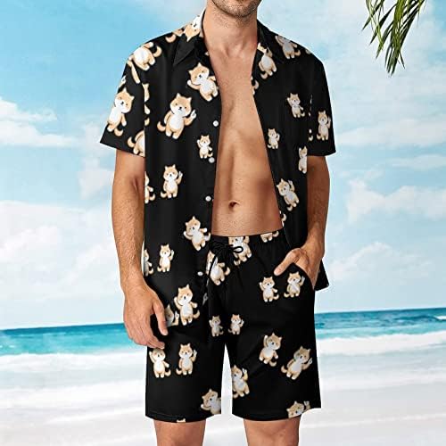 WEEDKEYCAT Sevimli Shiba Inu Köpek erkek Plaj Kıyafetleri 2 Parça Hawaiian Düğme Aşağı Gömlek Kısa Kollu ve Şort Gövde