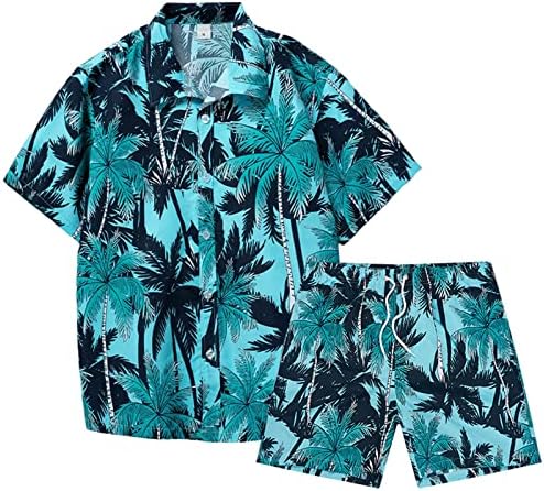 Erkek 2 Parça Gömlek Seti, Kısa Kollu Hawaii Seti Tatil Temel Casual Düğme Aşağı Gömlek ve Plaj Kısa