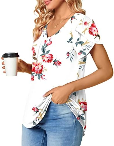Bayan 2023 T Shirt Petal Kollu V Boyun Şık Casual Tees Yaz Temel Üstleri Vintage Çiçek Baskı Hawaii Gömlek