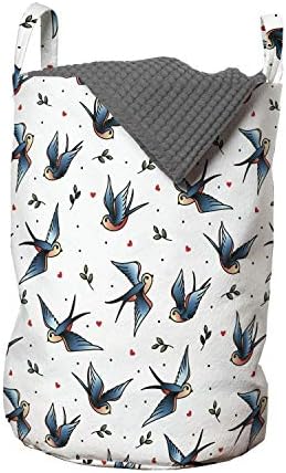 Ambesonne Retro Çamaşır Torbası, Nostaljik Klasik Dövme Öğesi Uçan Kuş Minik Kalpler ve Dallar Tekrarı, Kulplu Sepet