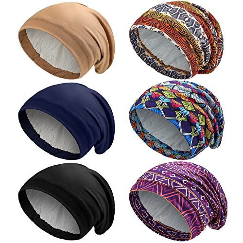 6 Adet Saten Astarlı Uyku Kap Kadınlar için Afrika İpek Bonnet Bere Uyku Saç Doğal Kıvırcık Şapka (Basit Desenler)