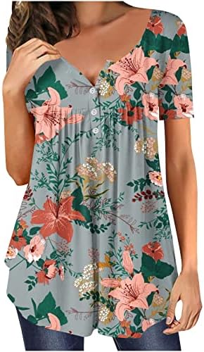 T Shirt Kadınlar için Çiçek Baskılı bol tişört kısa Kollu Gizlemek Göbek Tunik Yuvarlak Boyun Rahat Flowy Henley Tshirt