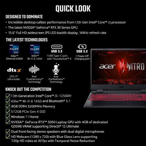 Acer Nitro 5 AN515-58-525P Oyun Dizüstü Bilgisayarı / Intel Core i5-12500H / NVIDIA GeForce RTX 3050 Dizüstü GPU /