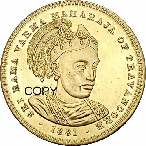 Hindistan-Prens Devletleri Travancore Rama Varma IV Altın Egemen 1881 Pirinç Kopya Paraları